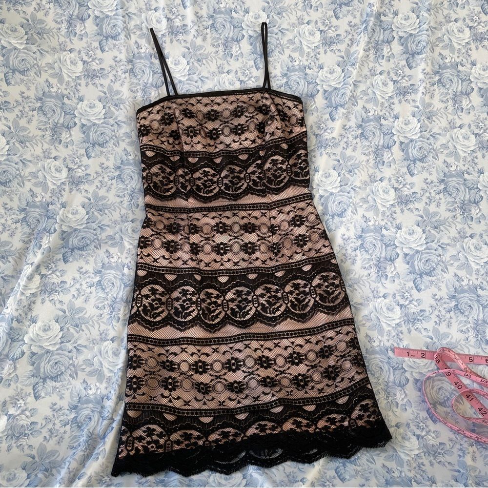 Vintage USA Whimsigoth Mini Dress Black Lace Pink Femme Coquette Sexy LBD 2 XS